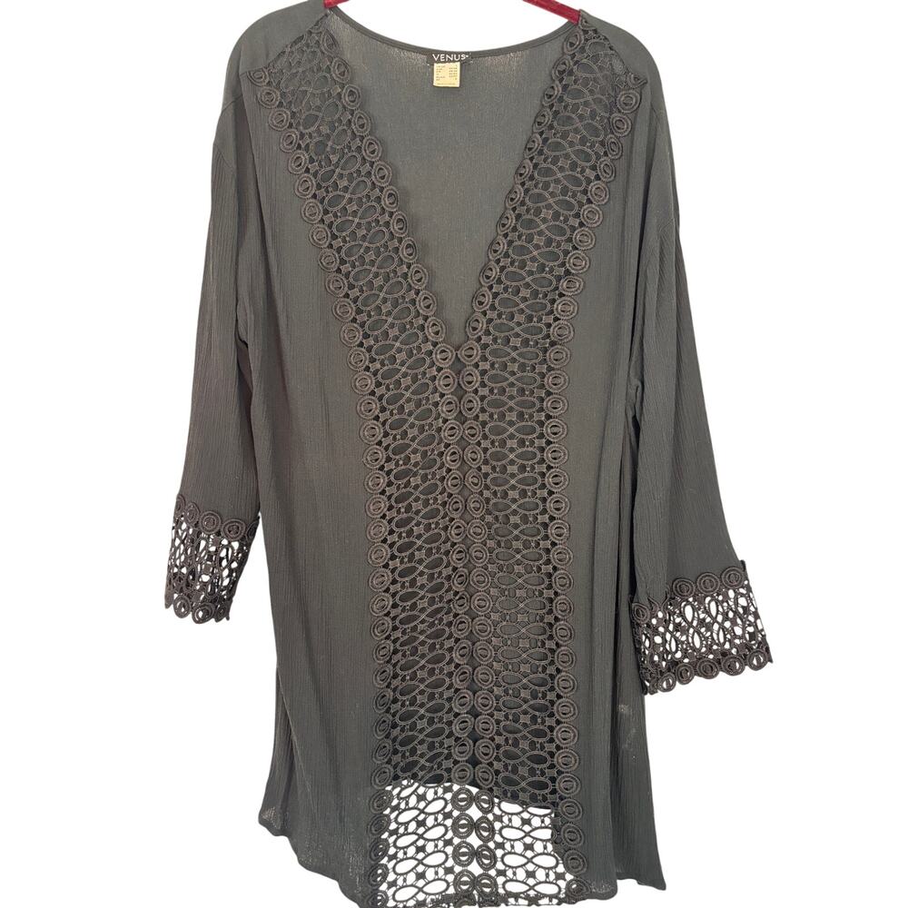 Venus black swimsuit cover up tunic w/ intricate crochet lace and sheer sleeves